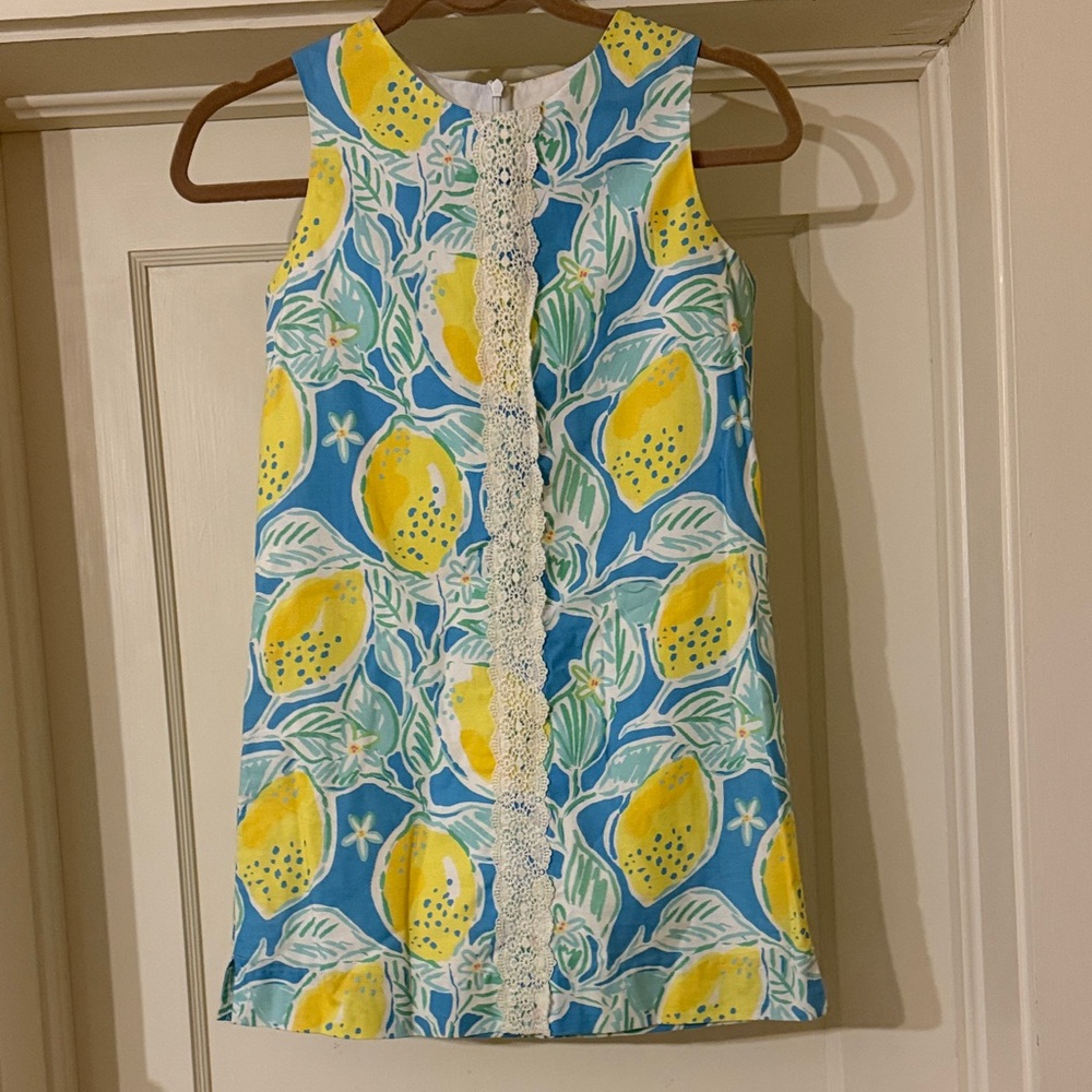 Vibrant Lemon Print Kids Dress - Blue and Yellow